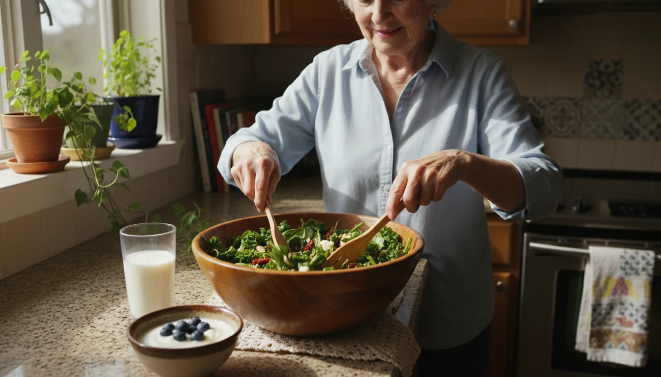 An older woman smiles while stirring a vibrant kale and spinach salad. Next to her are milk and yogurt with blueberries.