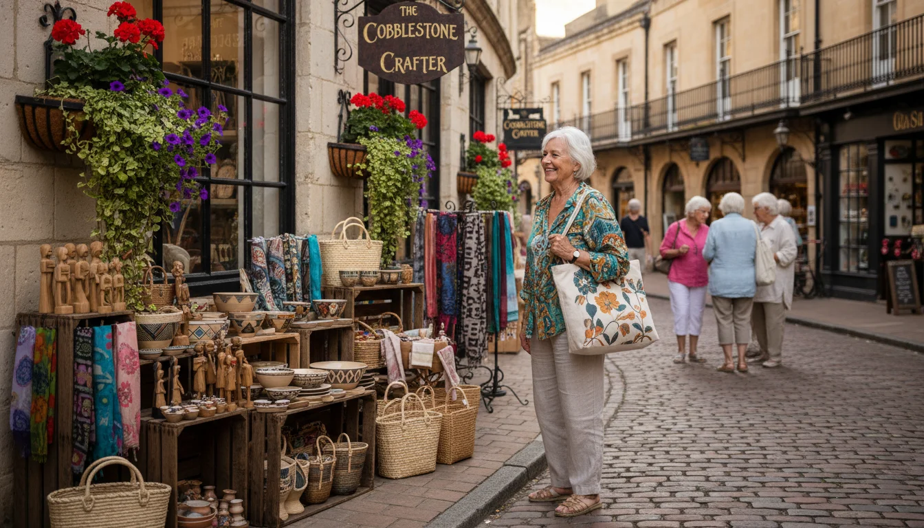 An older woman smiling, admiring colorful artisanal goods displayed outside a charming shop on a historic brick street.