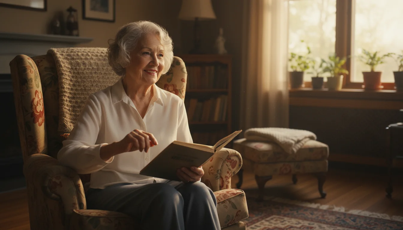An older woman, smiling brightly, sings from a songbook in a sunlit armchair, tapping her hand to the music.