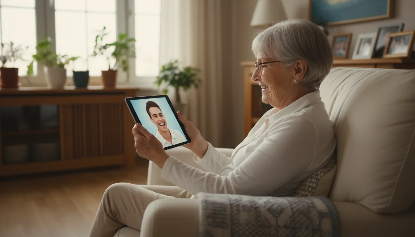 An older woman smiling broadly while holding a tablet displaying a video call. She is sitting in a cozy living room.