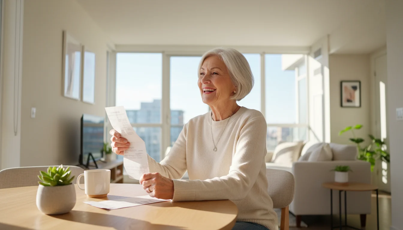 Older woman smiling joyfully while holding a utility bill at a sunny table in her clean condo.