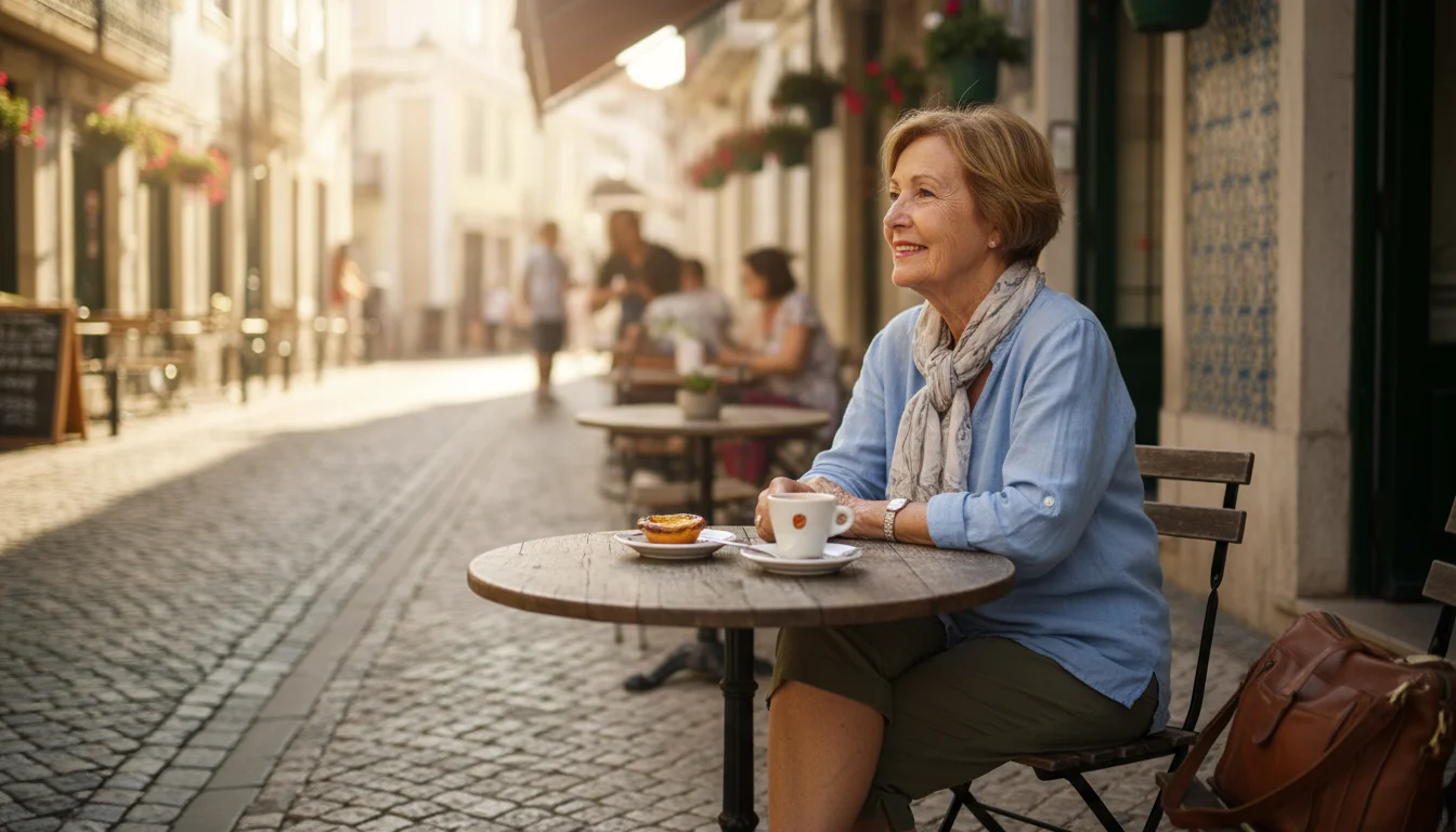 Older woman (60s-70s) smiling at an outdoor cafe on a Lisbon-like cobblestone street with historic buildings in the background.