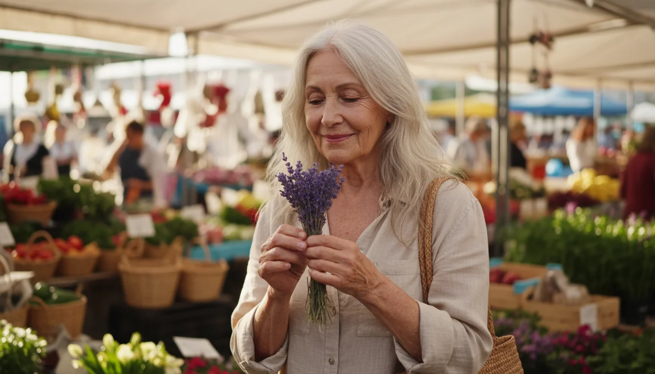 Older woman smiling peacefully at a farmer's market, gently holding a bunch of lavender.