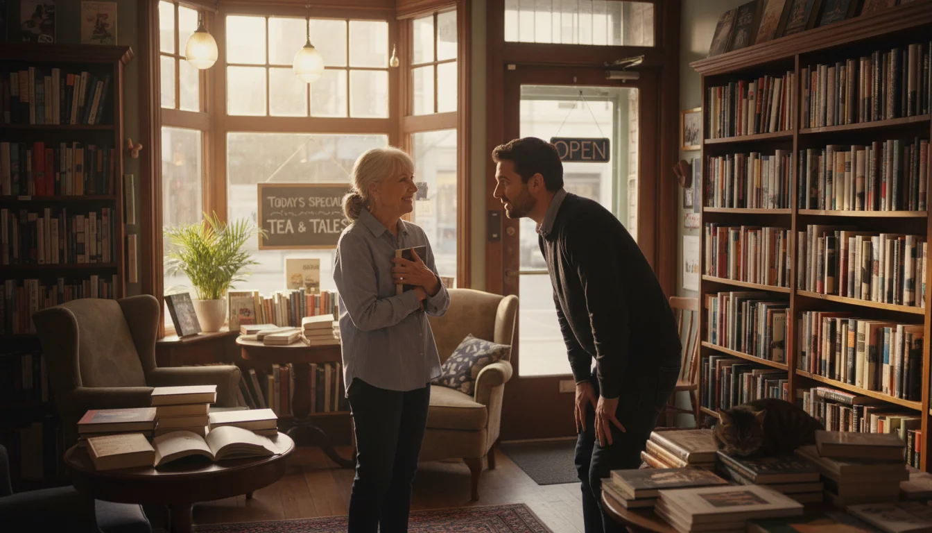 Older woman smiling, talking to a bookseller in a cozy independent bookstore, holding a book. Bookshelves line the background.