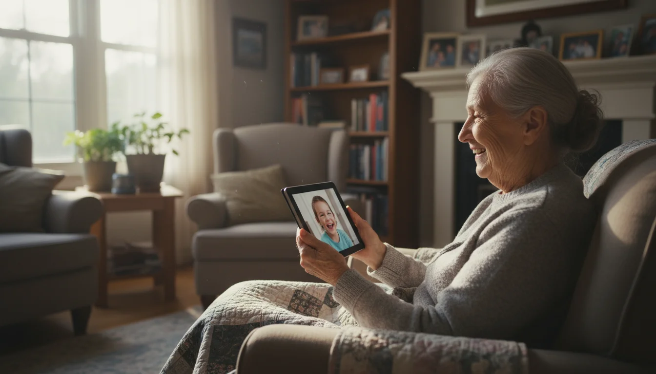 Older woman smiling warmly at a video call with a child on a tablet in a sunlit living room.