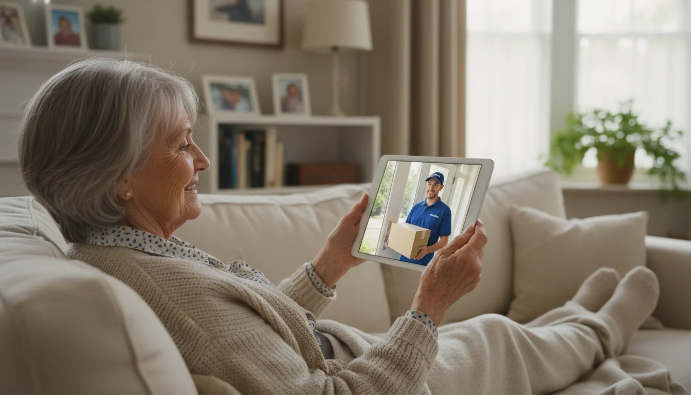 An older woman on a sofa views a video doorbell feed on her tablet, showing a delivery person at her door with a package.