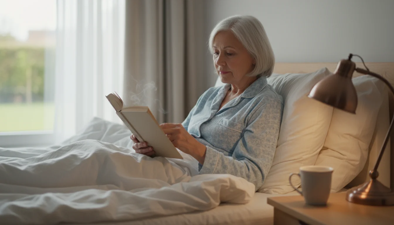 An older woman in soft pajamas, propped up in bed by pillows, peacefully reading a physical book under the warm light of a bedside lamp.