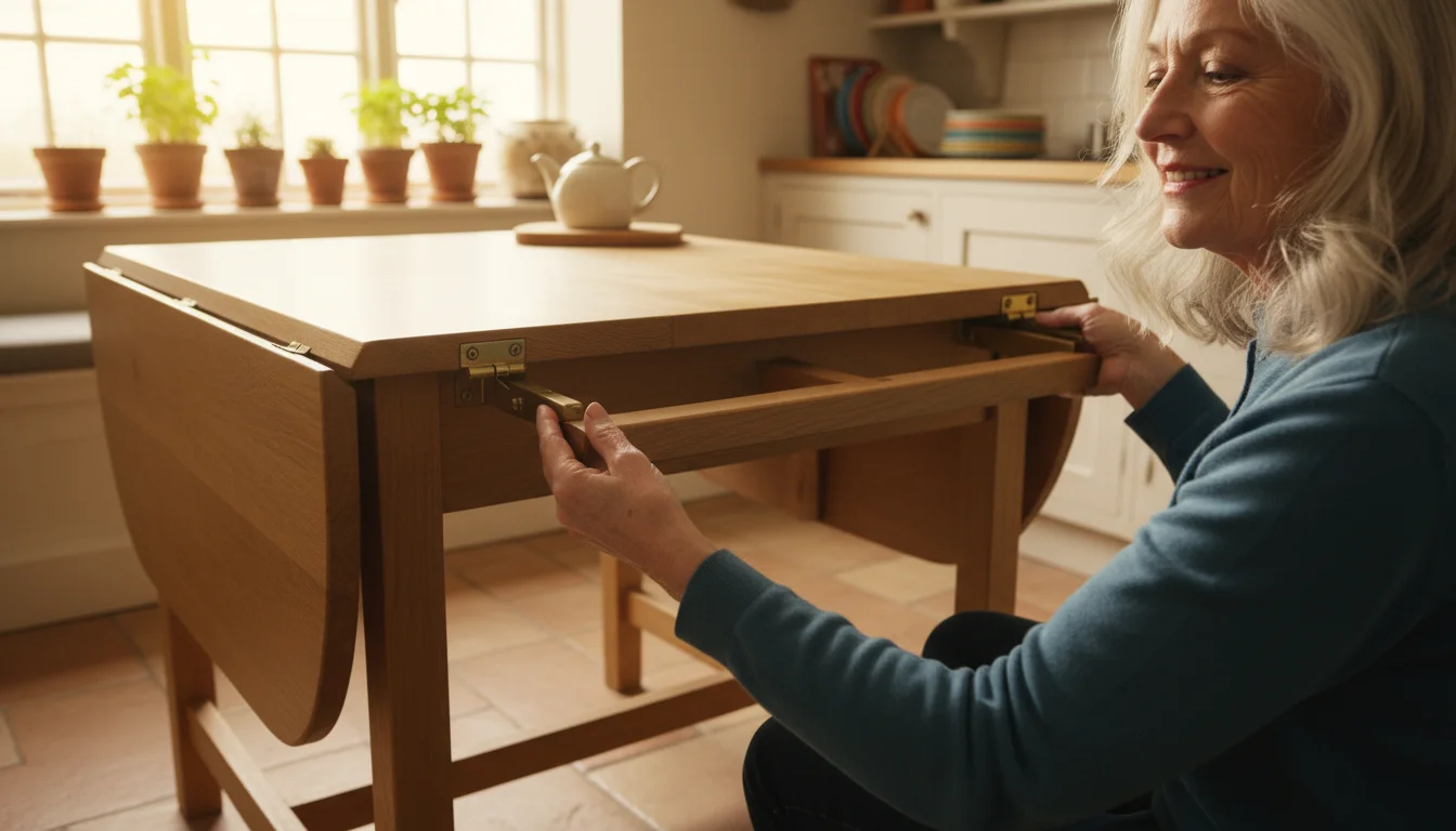An older woman with soft silver hair lifts the leaf of a light wood drop-leaf table in a sunlit kitchen nook.