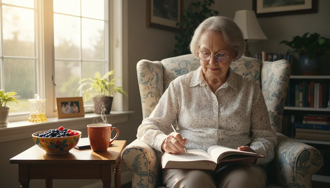 Older woman with spectacles doing a crossword, next to a bowl of berries and a mug of green tea on a side table.