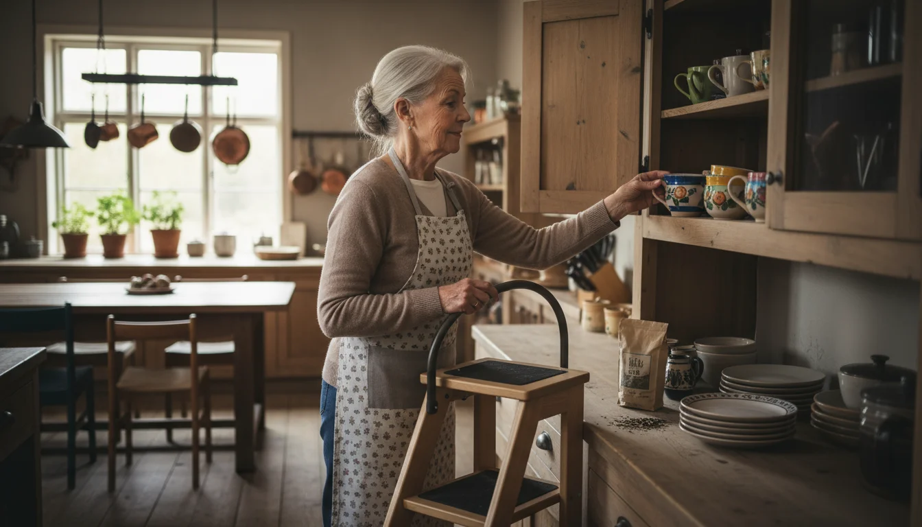 Older woman standing on a sturdy step stool with a handrail, reaching for a teacup on a kitchen shelf.
