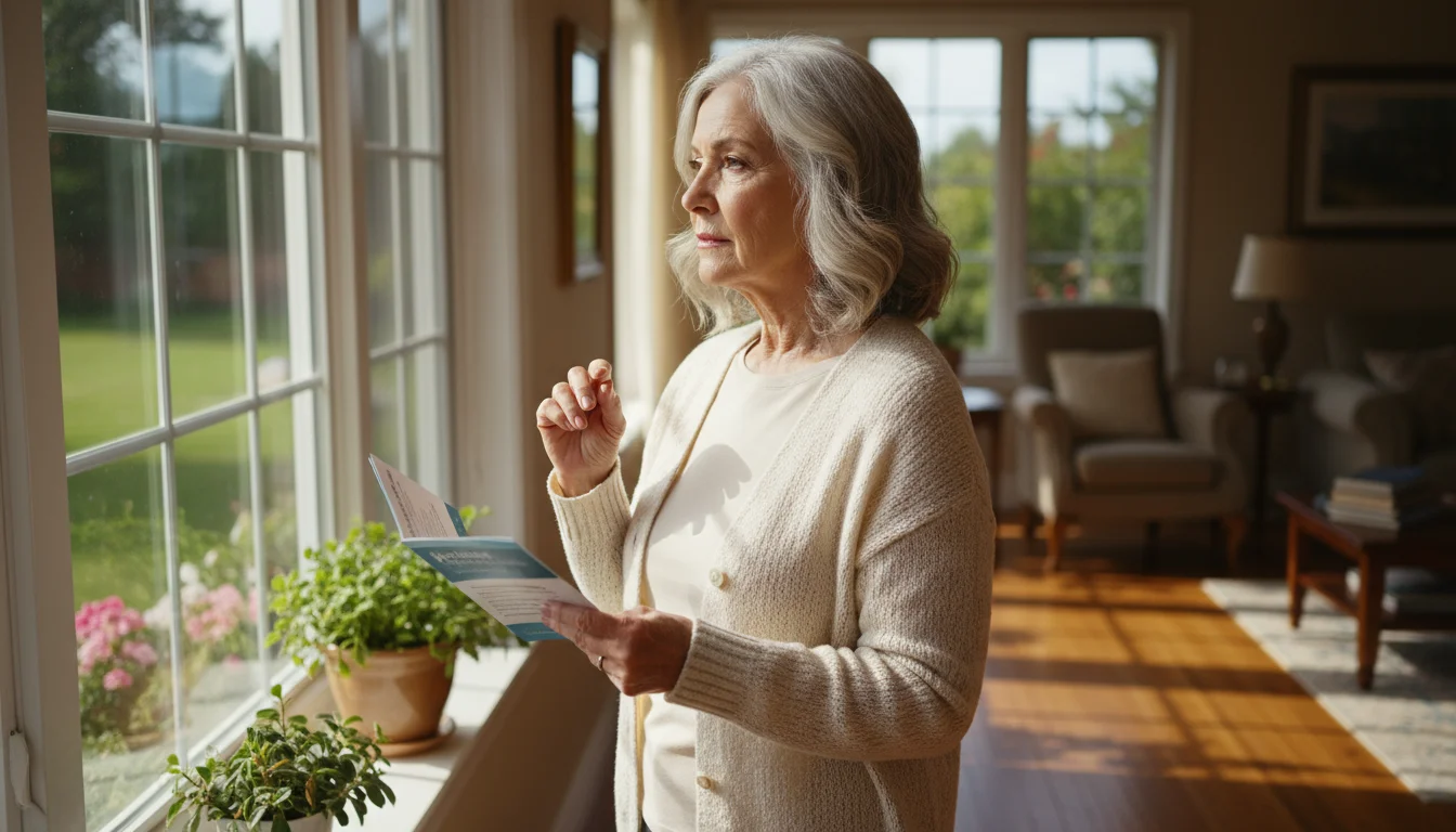 Older woman standing by a window, holding a brochure, looking thoughtfully out, unhurried expression.