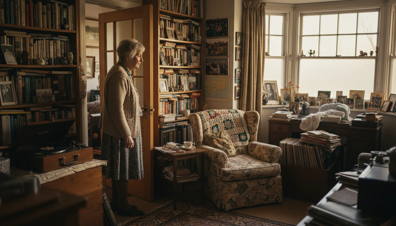 Older woman stands in a doorway, looking into a room full of personal belongings, appearing pensive and overwhelmed.