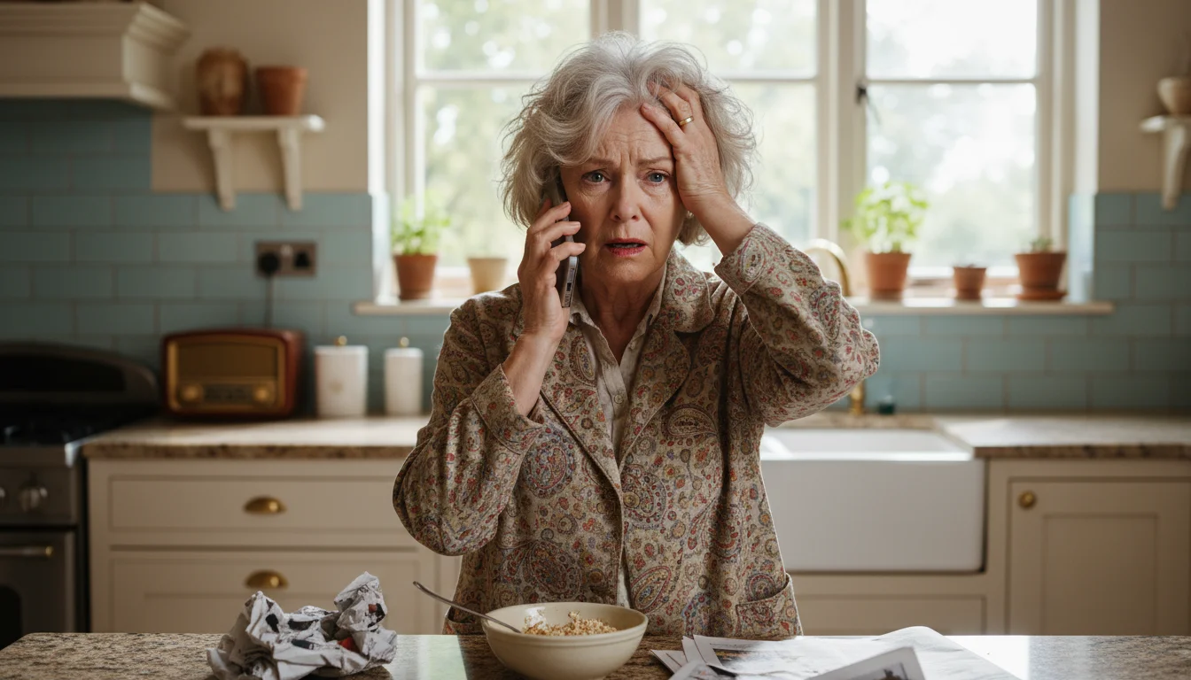 An older woman stands in her kitchen, holding a smartphone to her ear, looking distressed and deeply worried.