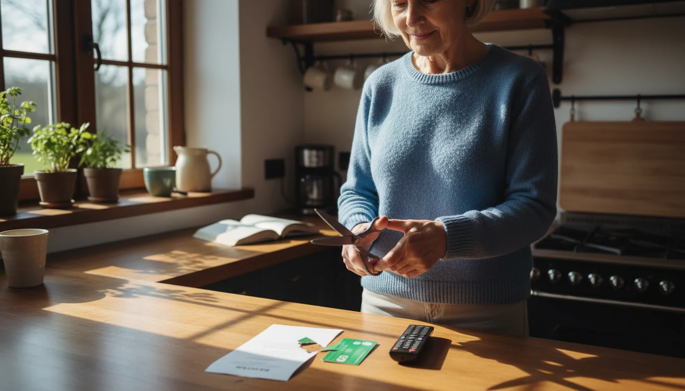 An older woman stands at a sunlit kitchen counter, holding scissors. A cut gym membership card, phone bill, and remote are beside her.