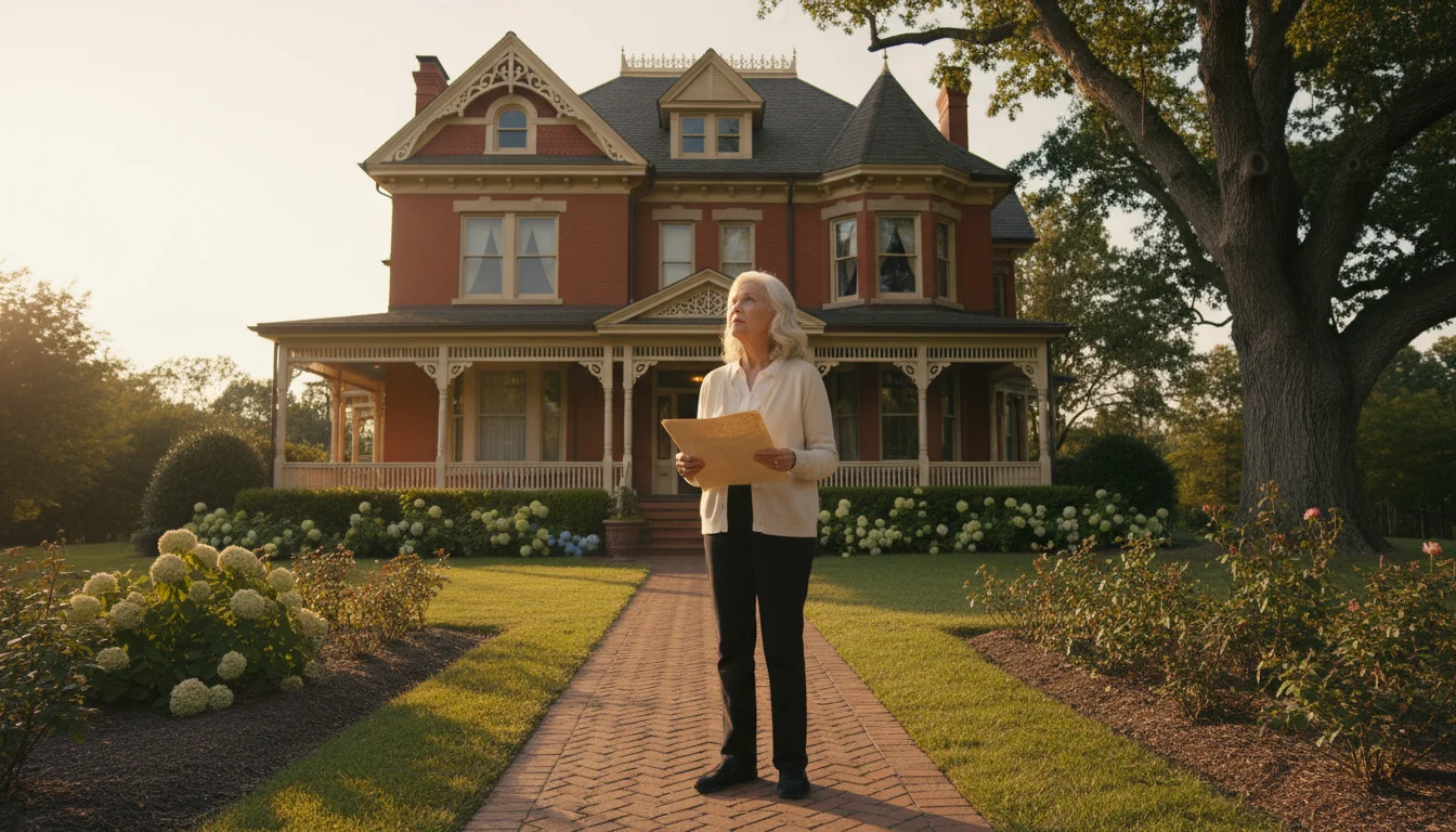 An older woman stands on a walkway looking at her Victorian home, holding a folded document, in warm late afternoon light.