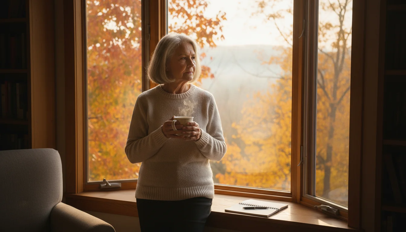 An older woman stands by a window, holding a mug and looking at colorful autumn trees; a notebook and pen are on the sill.