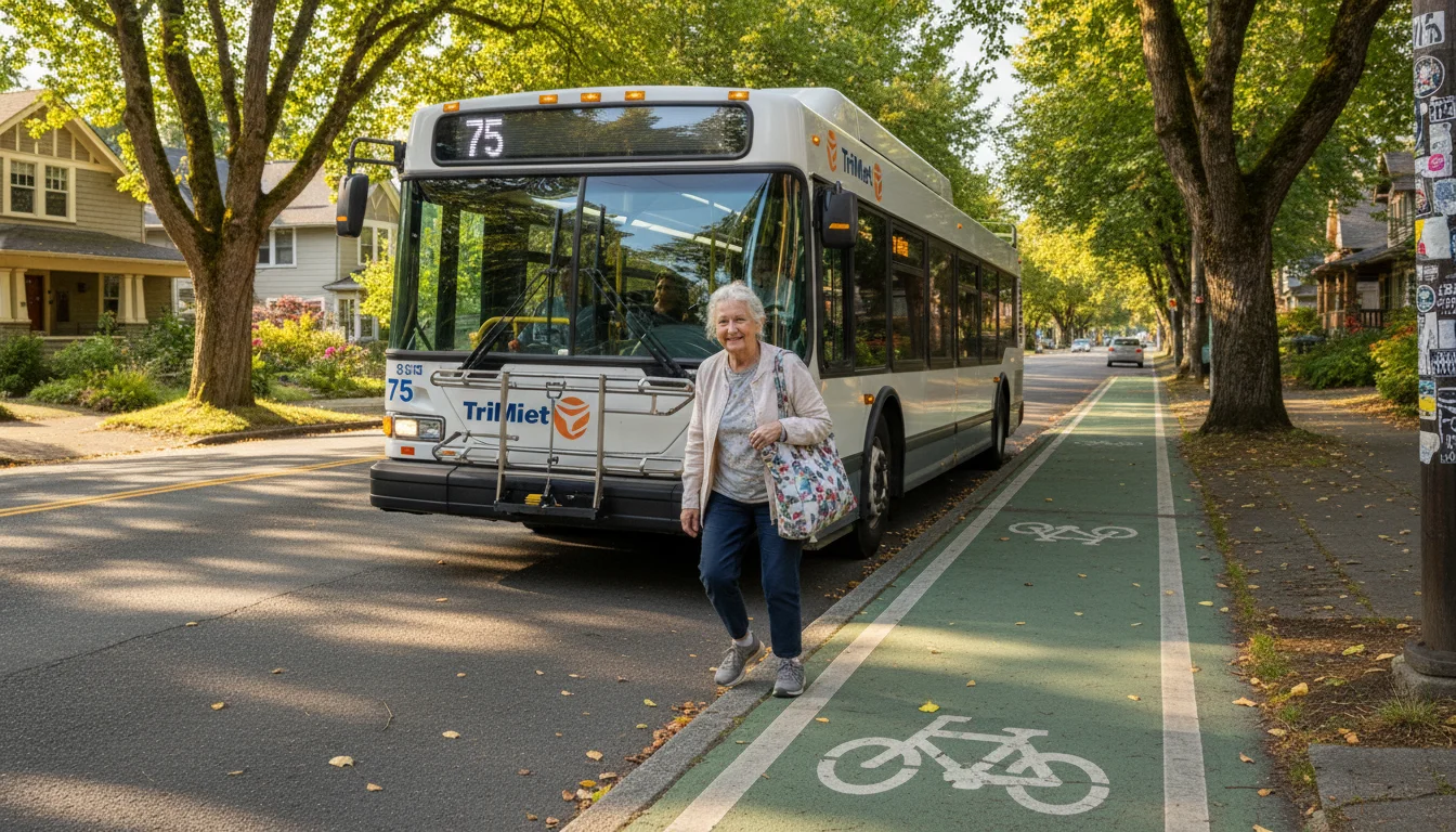 An older woman carefully steps down the ramp of a TriMet city bus onto a sunny, tree-lined Portland street, carrying a reusable grocery bag.