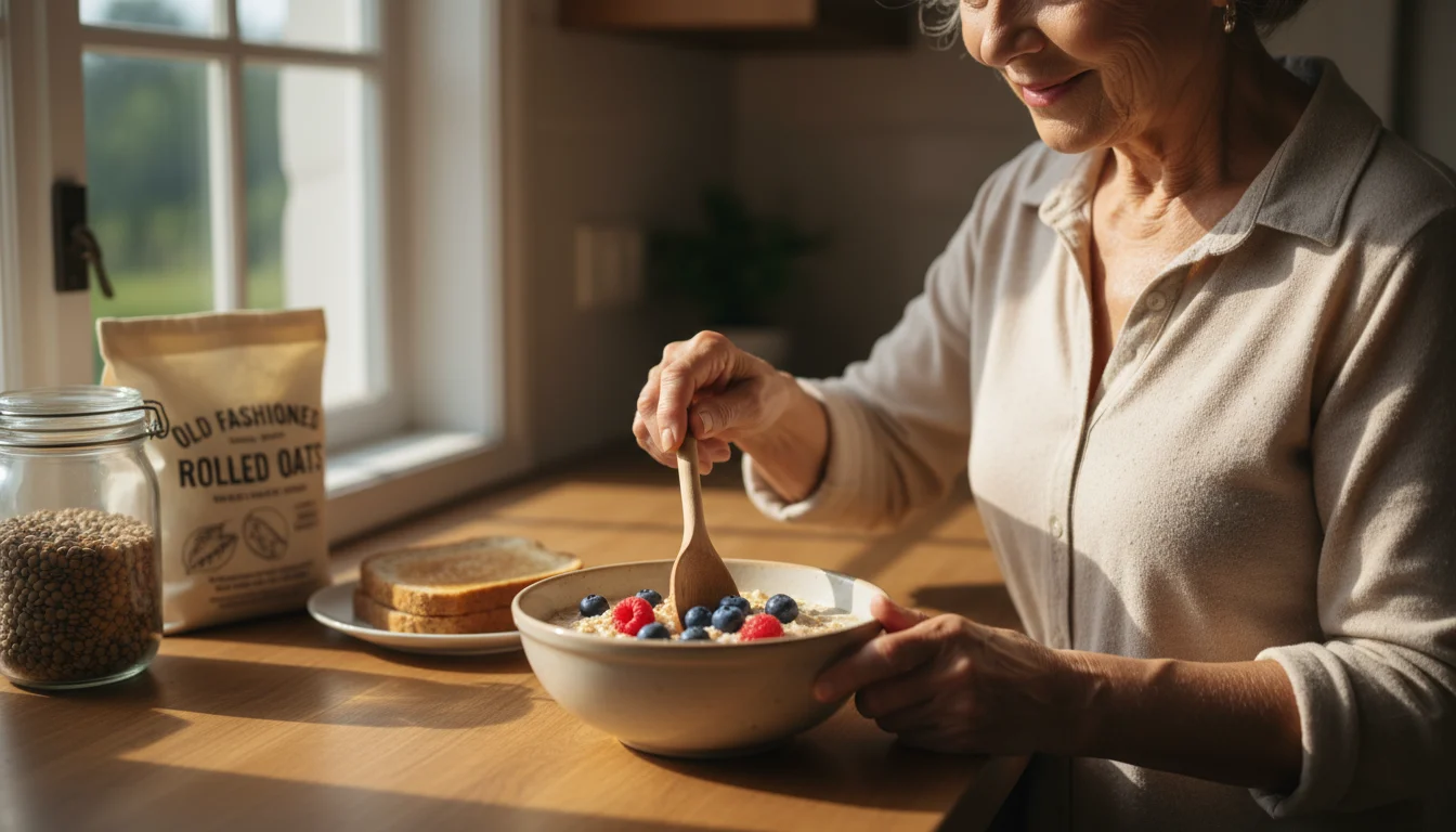 Older woman stirring oatmeal with berries in a sunlit kitchen, oats and lentils in soft-focus background.