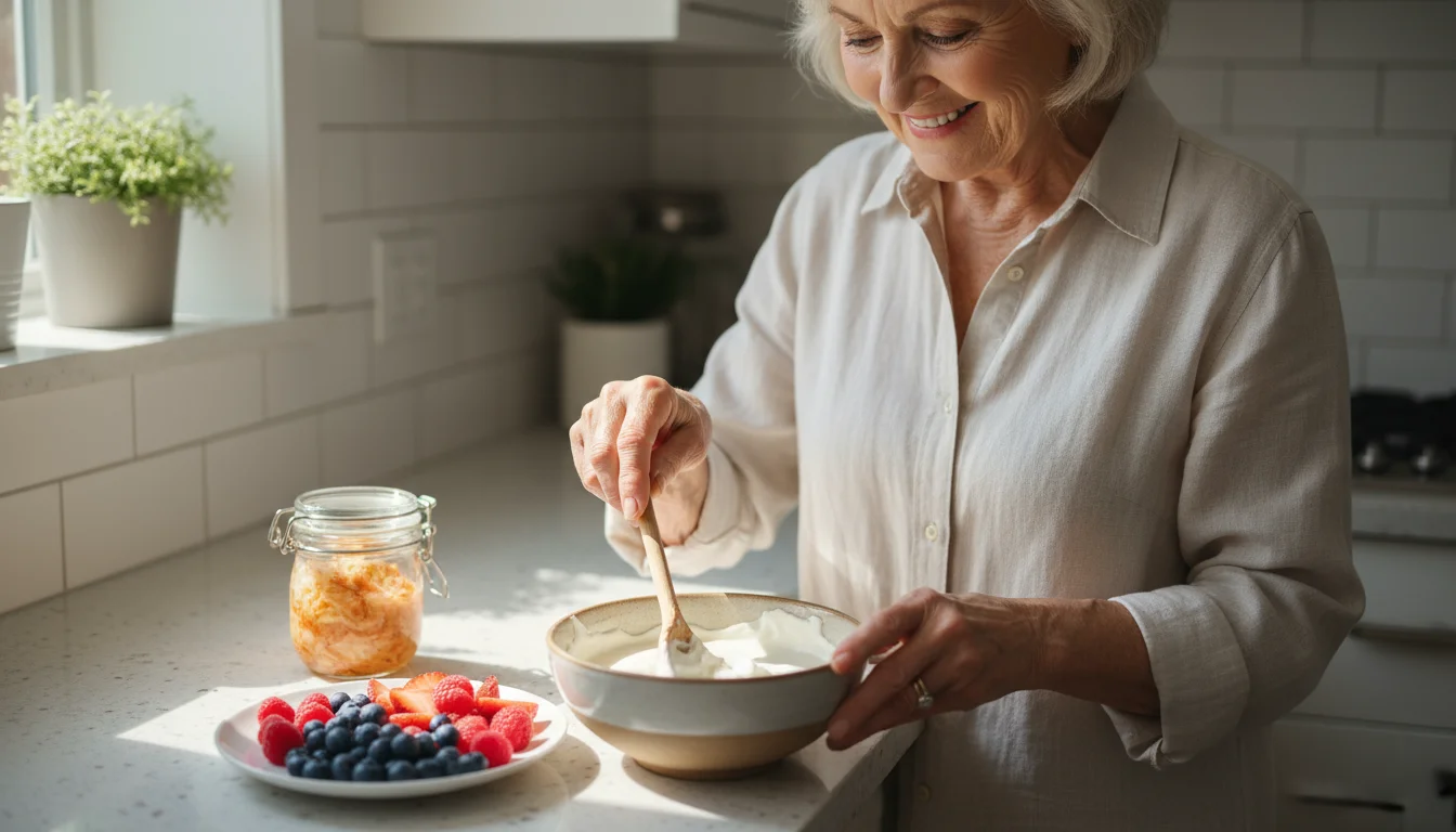 An older woman stirs plain yogurt in a bright kitchen, with berries and a jar of kimchi on the counter.