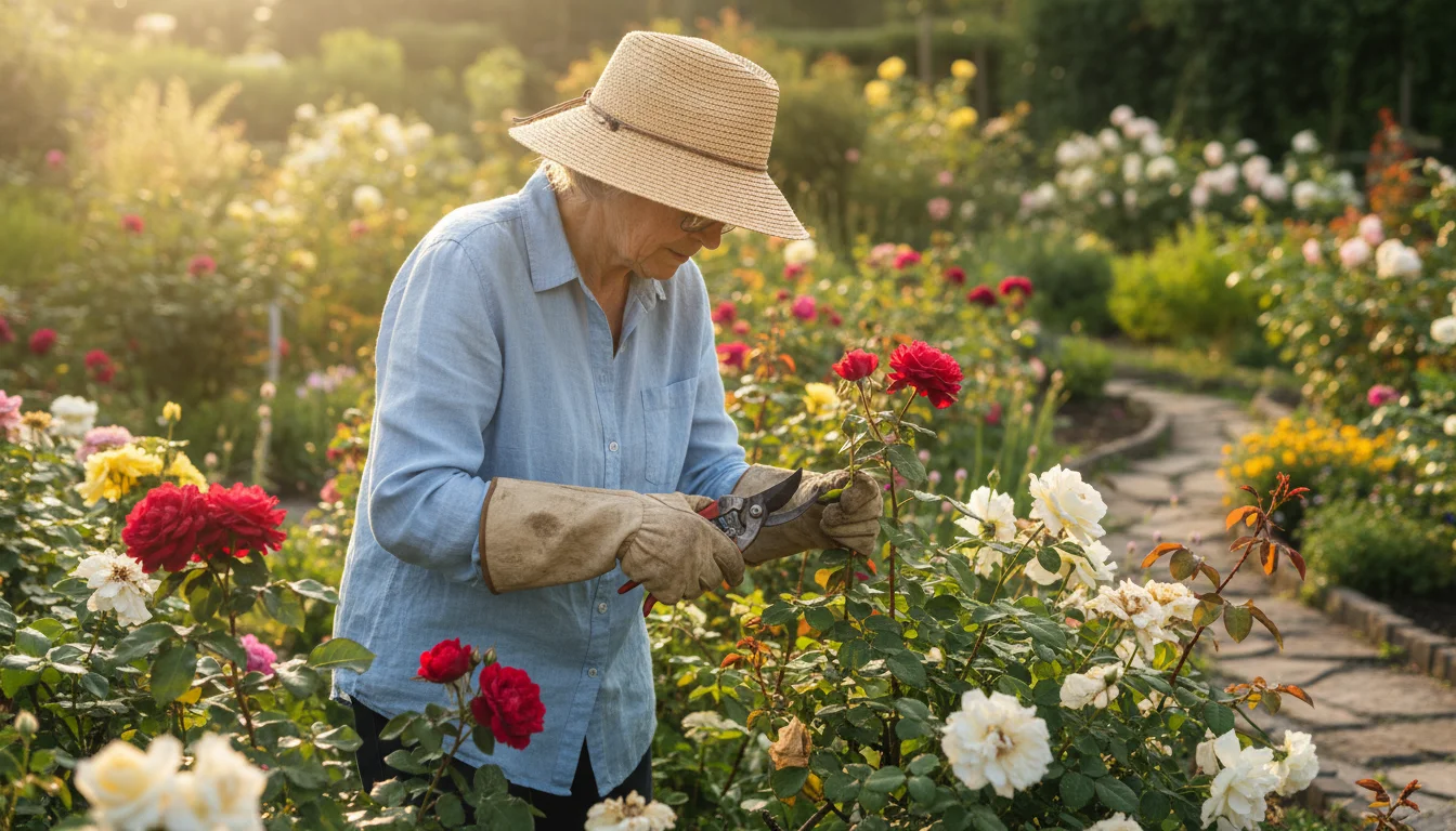 Older woman with sun hat and gardening gloves, wearing long sleeves, carefully prunes roses in a sunny garden.