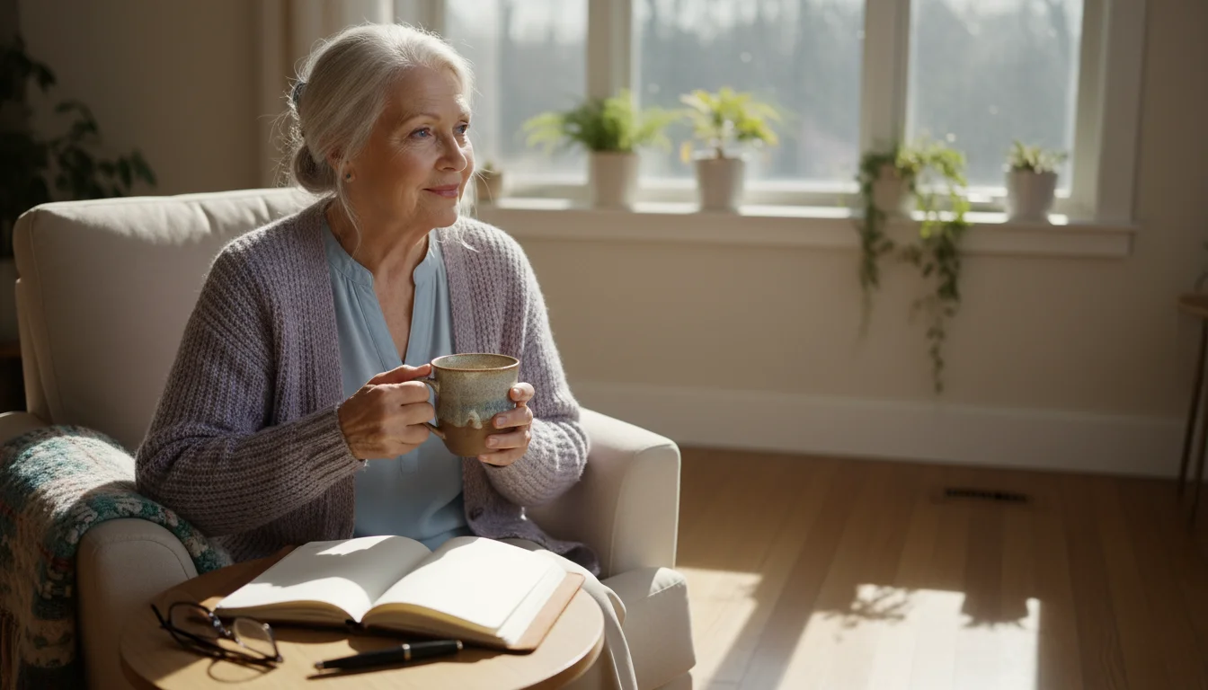 An older woman in a sunlit armchair, holding a warm mug and looking contemplative. An open journal sits nearby.