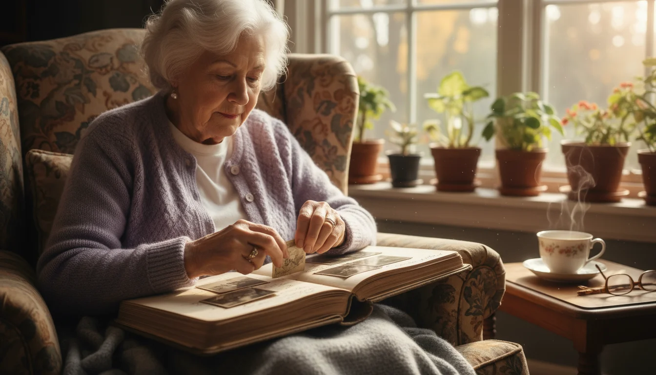 An older woman in a sunlit armchair carefully puts a photograph into a scrapbook, focusing on her task.