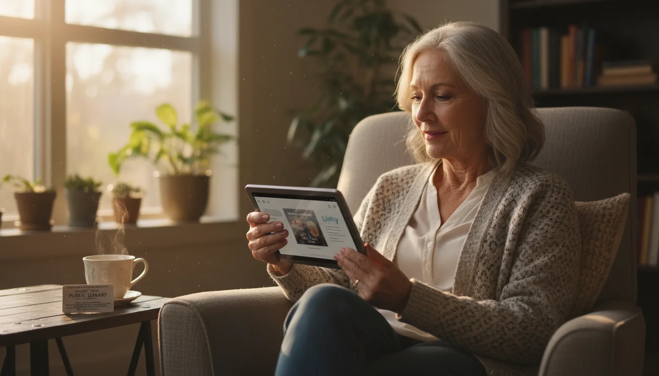 Older woman in a sunlit armchair reads an e-book on her tablet, with a library card on a nearby table.