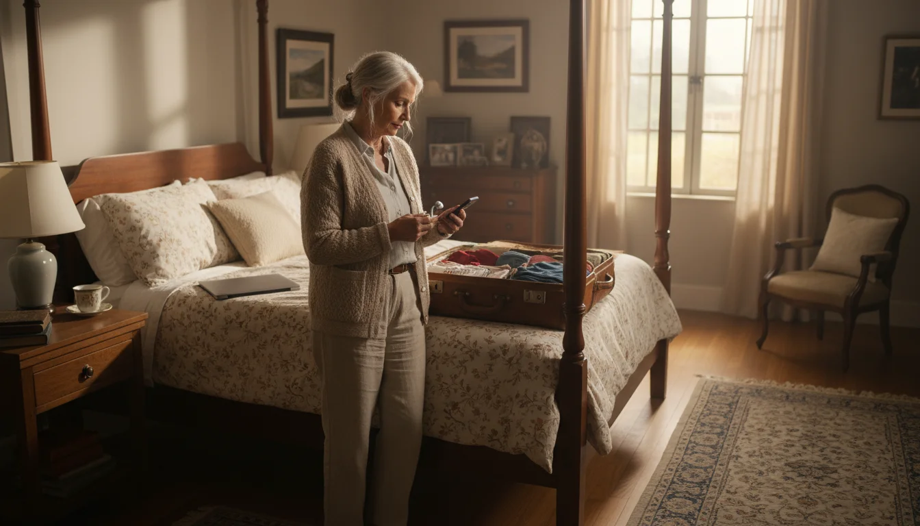 An older woman in a sunlit bedroom holds a smartphone and earbuds, standing by an open suitcase with a laptop on a nightstand.