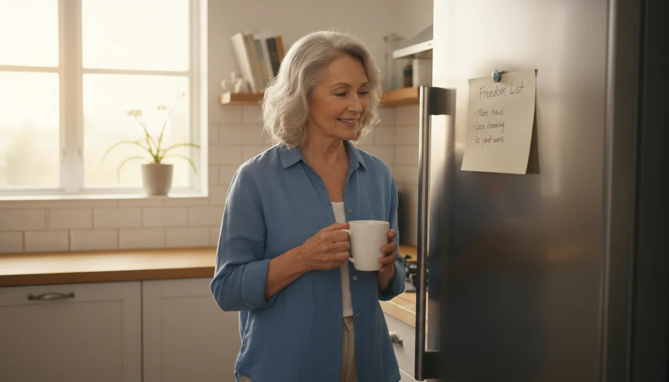 An older woman in a sunlit kitchen reads a handwritten 'Freedom List' on her refrigerator, holding a mug and smiling peacefully.