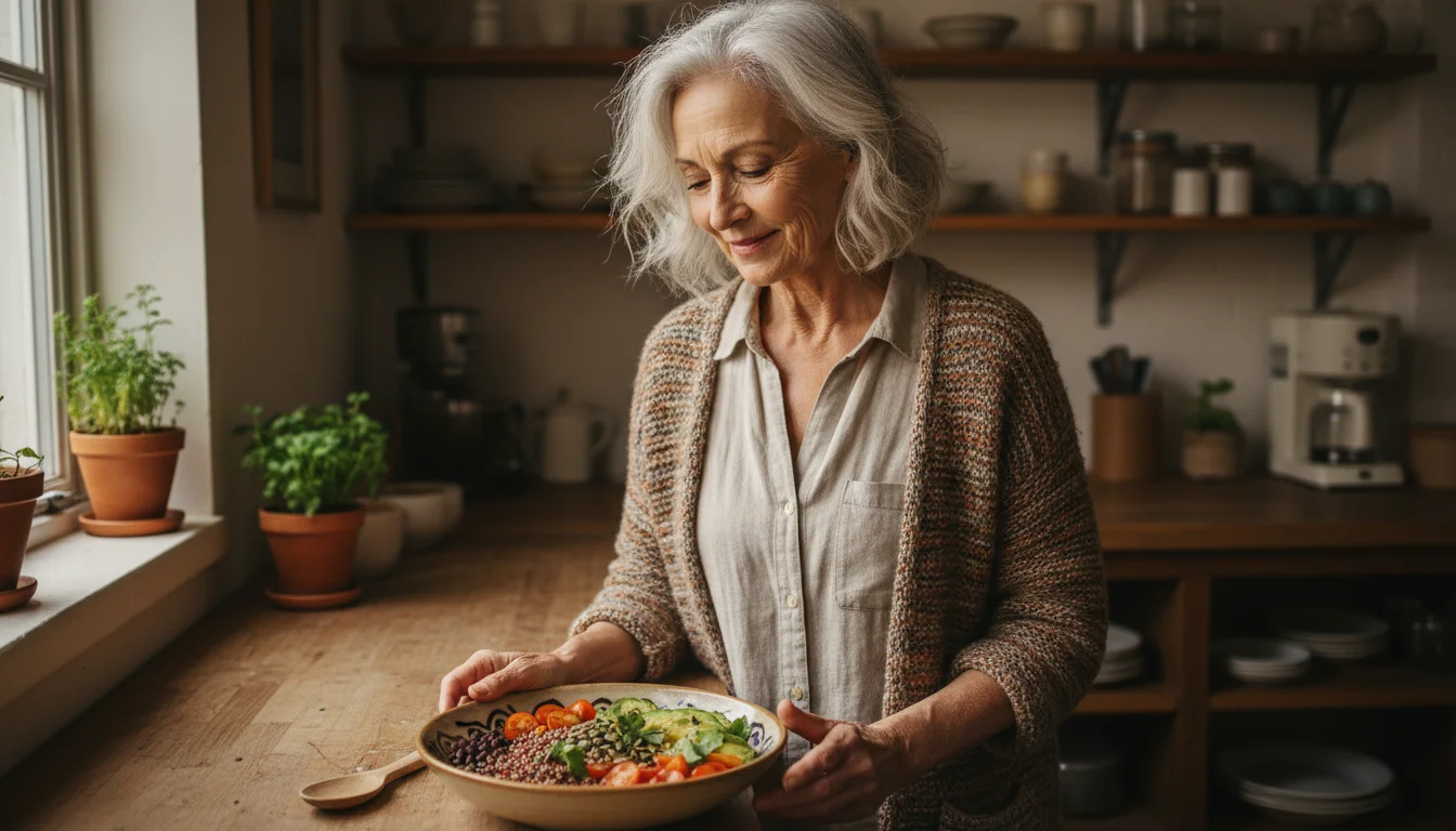 An older woman in a sunlit kitchen smiles gently at a colorful plant-based meal on the counter, showing contentment.