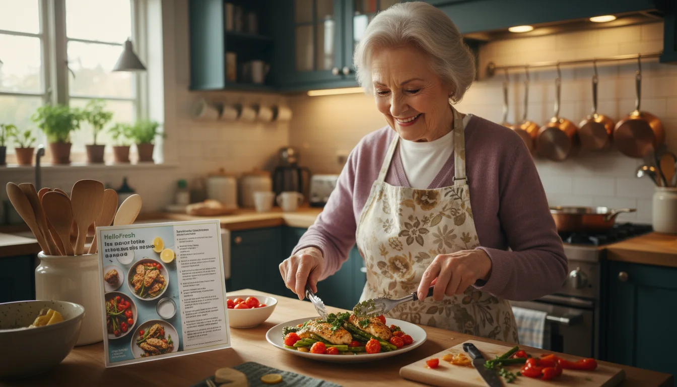 An older woman in a sunlit kitchen smiles while plating a colorful meal onto a white plate, with a large recipe card visible on the counter.