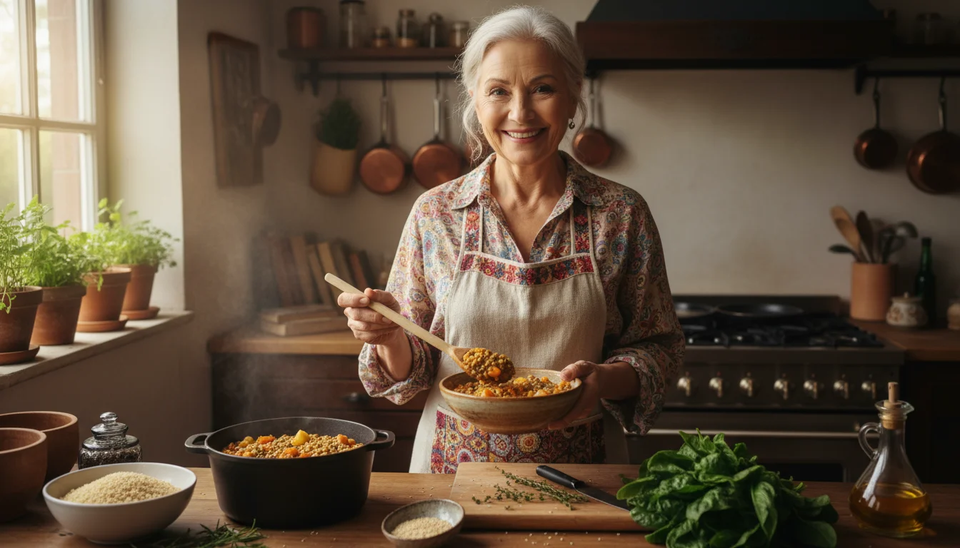 Older woman in a sunlit kitchen spooning a hearty lentil stew into a bowl, with quinoa, spinach, and almonds on the counter.