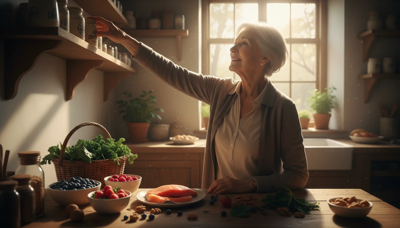 An older woman in a sunlit kitchen gently stretches near a counter with salmon, berries, greens, and walnuts.