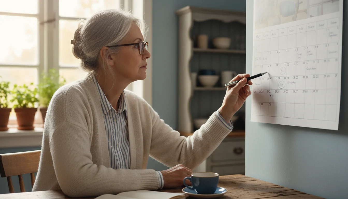 An older woman at a sunlit kitchen table, looking at a wall calendar with a pen and reading glasses.