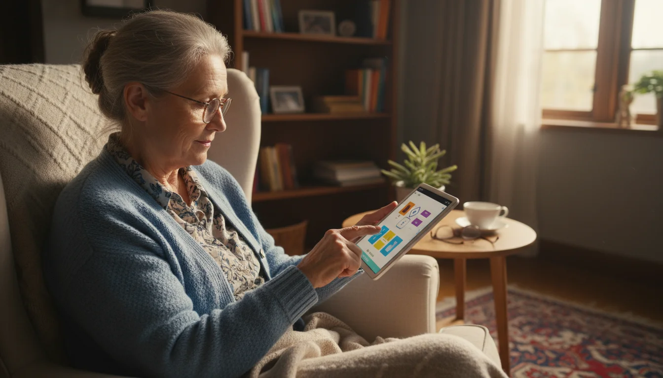 An older woman in a sunlit living room deeply focused on a tablet, actively using a brain-training application.