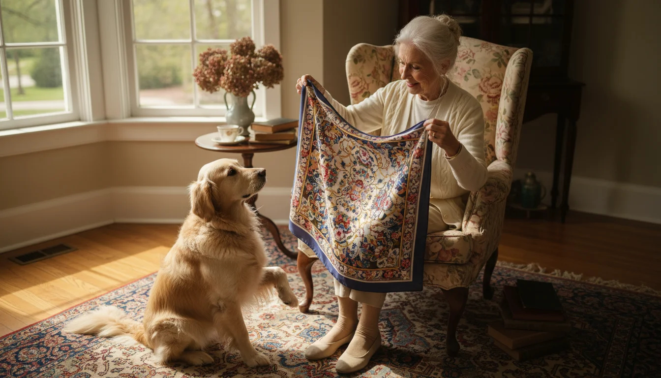 An older woman in a sunlit living room gives a vintage silk scarf to her adult granddaughter, who smiles warmly.