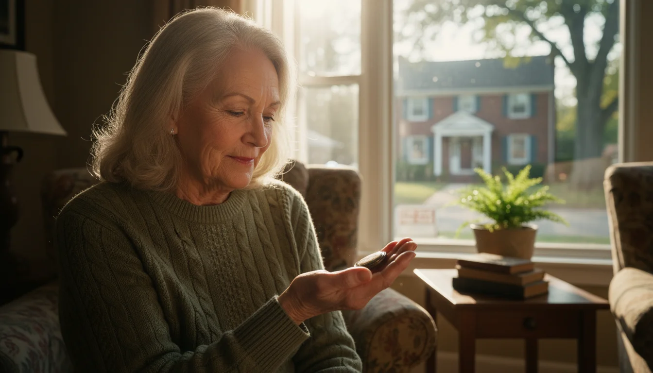 Older woman in a sunlit living room holds an antique coin, looking thoughtful. A street with a house is visible through the window.