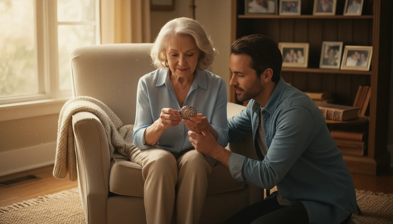 An older woman in a sunlit living room shows a delicate silver locket to a younger adult kneeling beside her.