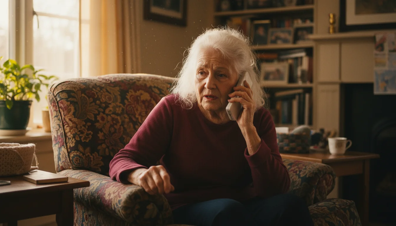 An older woman in a sunlit living room sits in an armchair, holding a cordless phone with a confused, uncertain expression.
