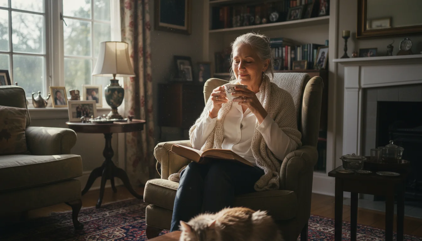 Older woman in a sunlit living room, sitting by a window, holding a cup of tea and reading a book with a content expression.