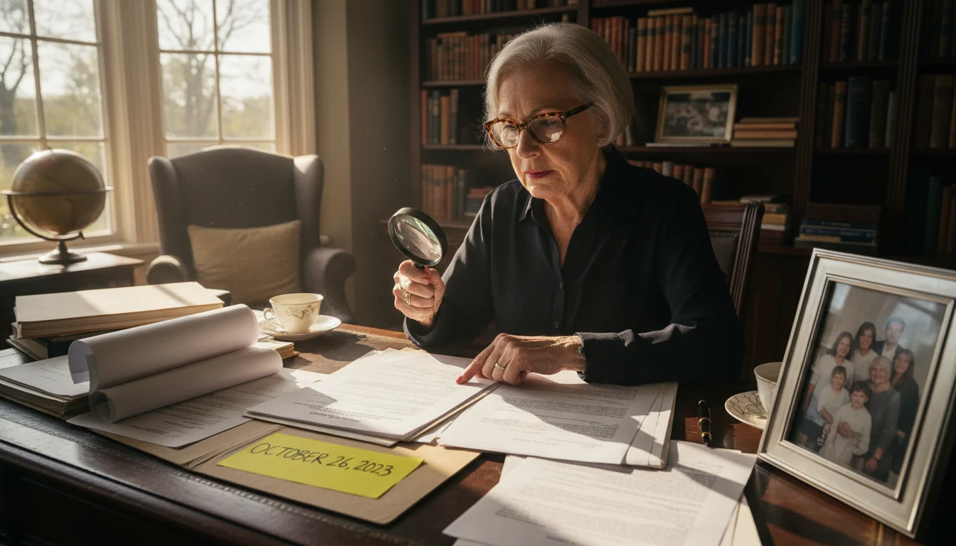 An older woman in a sunlit study, wearing reading glasses, reviews legal documents on a large wooden desk. A sticky note marks one document, and a fam
