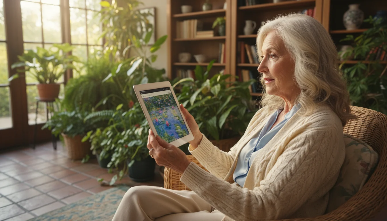 Older woman in a sunlit sunroom, intently watching a virtual tour of a vibrant painting on her tablet with wonder.