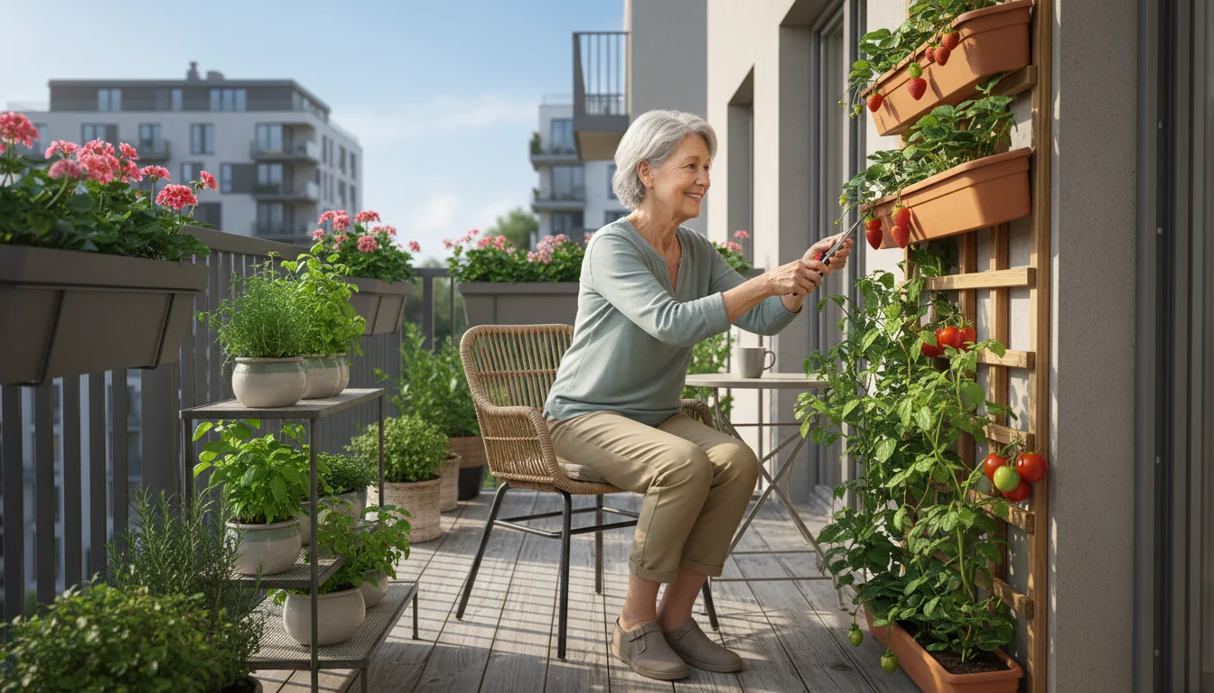 An older woman on a sunny balcony, comfortably pruning a tomato plant on a vertical trellis, surrounded by wall planters with strawberries.