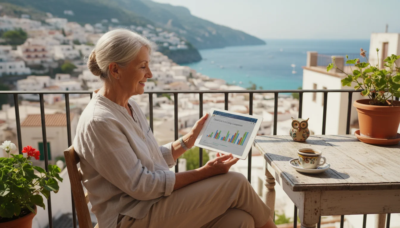 An older woman on a sunny balcony looks between her tablet, showing a cost-of-living site, and a vibrant foreign town view.