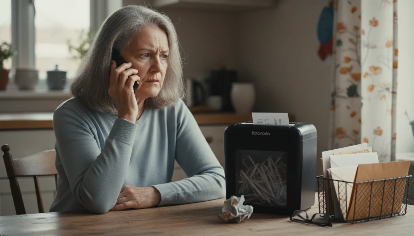 An older woman with a suspicious, guarded expression holds a phone while a document shredder and organized mail sit on her kitchen table.