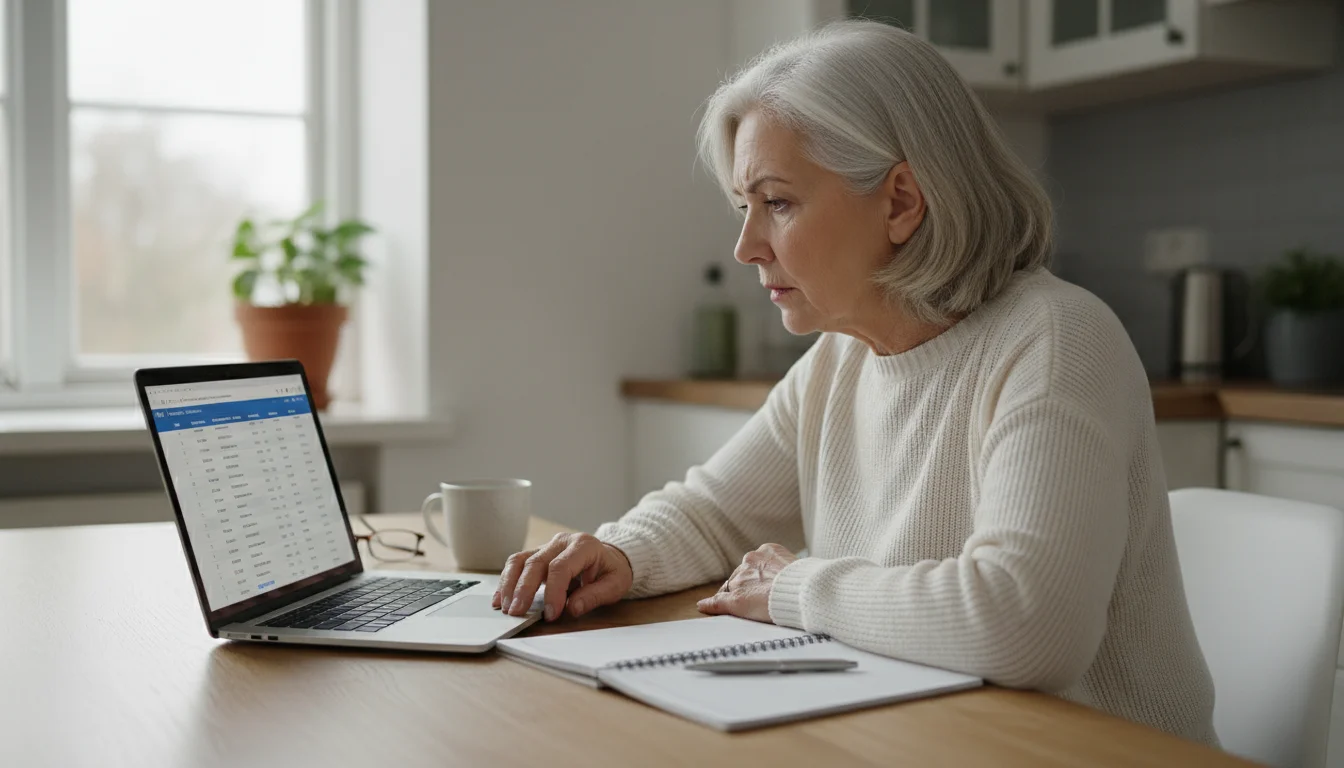 An older woman in a sweater intently reviews a financial statement on a laptop at a kitchen table, with a notebook and savings jar nearby.