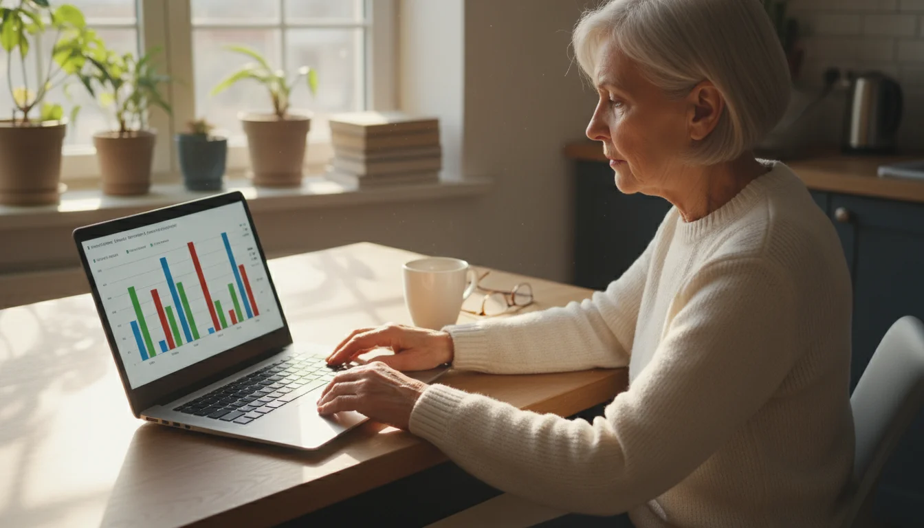 An older woman in a sweater thoughtfully reviews a laptop showing a Social Security benefit graph and takes notes at her kitchen table.