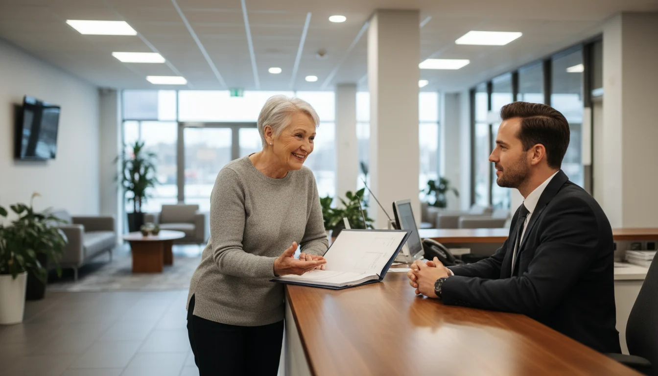 An older woman talking with a bank representative at a desk in a modern bank branch.