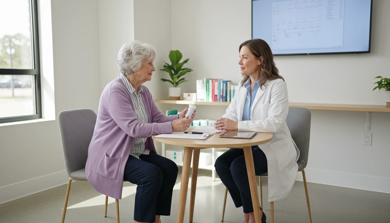 An older woman talks with a female pharmacist in a consultation room. A water glass and medication bottle are on the desk.