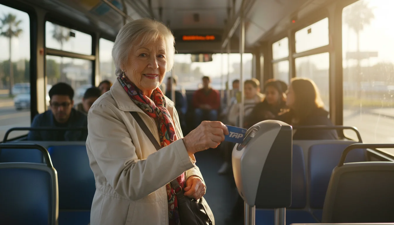 Older woman tapping a blue TAP card on a bus fare reader inside a Los Angeles Metro bus.